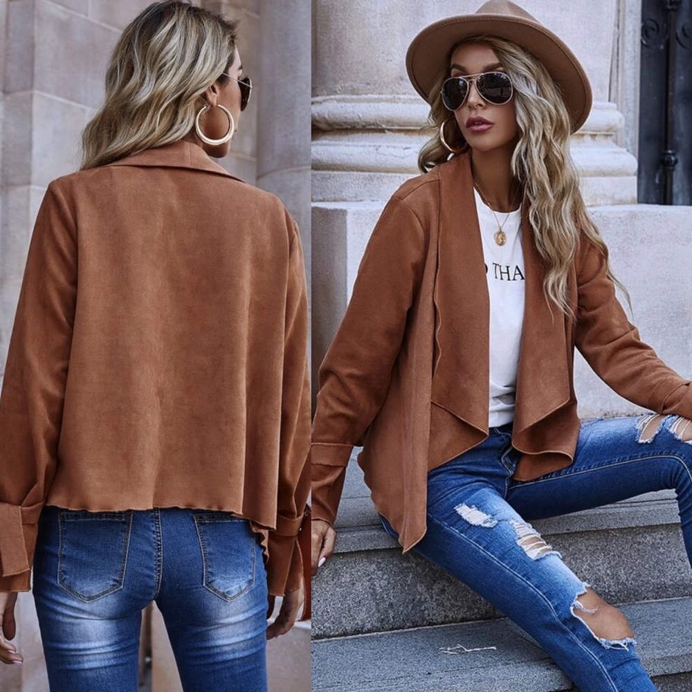 Brown Vegan Suede Waterfall Cardigan Jacket Tan - Picture 2 of 2